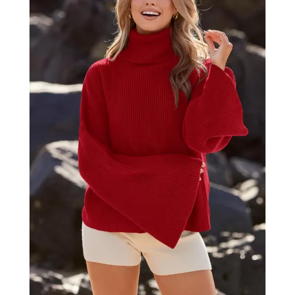 imageBTFBM Womens Turtleneck Pullover Sweaters 2023 Fall Winter Bell Long Sleeve Slouchy Oversized Ribbed Knit Jumper TopsSolid Red