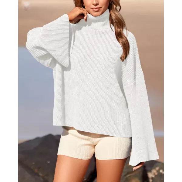 imageBTFBM Womens Turtleneck Pullover Sweaters 2023 Fall Winter Bell Long Sleeve Slouchy Oversized Ribbed Knit Jumper TopsSolid White