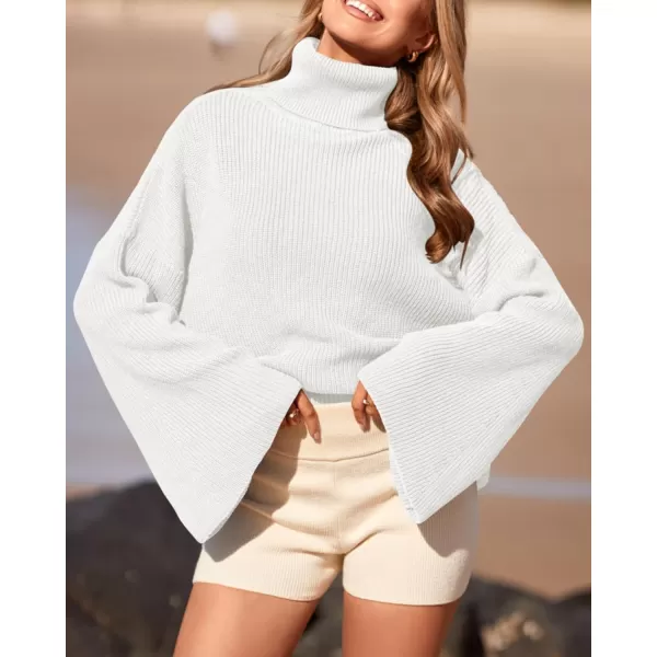 imageBTFBM Womens Turtleneck Pullover Sweaters 2023 Fall Winter Bell Long Sleeve Slouchy Oversized Ribbed Knit Jumper TopsSolid White
