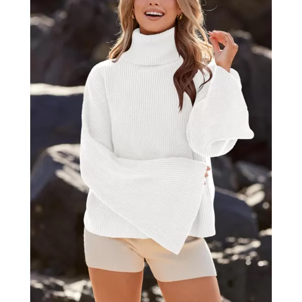 imageBTFBM Womens Turtleneck Pullover Sweaters 2023 Fall Winter Bell Long Sleeve Slouchy Oversized Ribbed Knit Jumper TopsSolid White