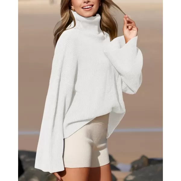 imageBTFBM Womens Turtleneck Pullover Sweaters 2023 Fall Winter Bell Long Sleeve Slouchy Oversized Ribbed Knit Jumper TopsSolid White