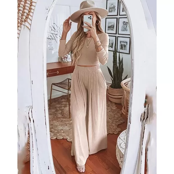 imageBTFBM Womens Two Piece Lounge Set Long Sleeve Bodycon Ribbed Knit Crop Top Loose Wide Leg Pant Casual Outfits SweatsuitSolid Apricot