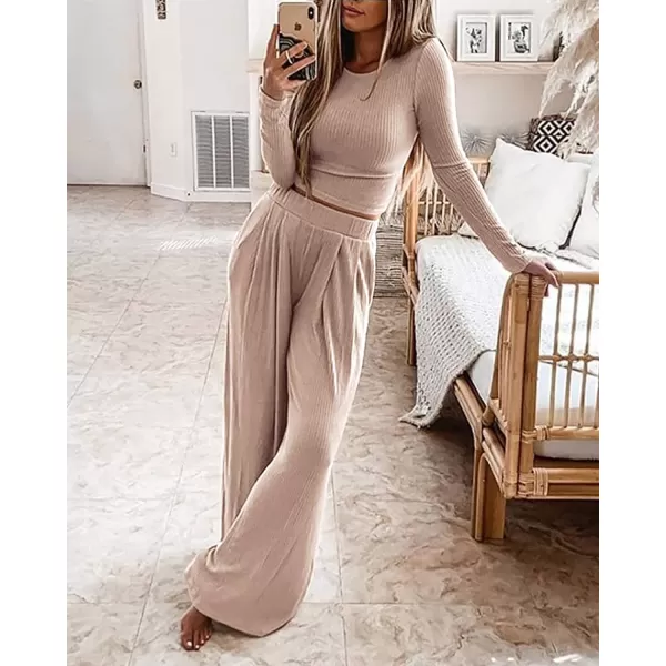 imageBTFBM Womens Two Piece Lounge Set Long Sleeve Bodycon Ribbed Knit Crop Top Loose Wide Leg Pant Casual Outfits SweatsuitSolid Apricot