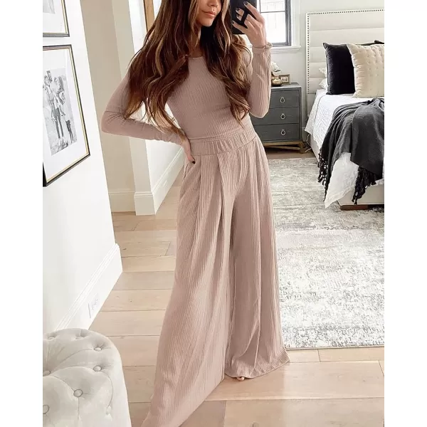 imageBTFBM Womens Two Piece Lounge Set Long Sleeve Bodycon Ribbed Knit Crop Top Loose Wide Leg Pant Casual Outfits SweatsuitSolid Apricot