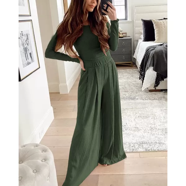 imageBTFBM Womens Two Piece Lounge Set Long Sleeve Bodycon Ribbed Knit Crop Top Loose Wide Leg Pant Casual Outfits SweatsuitSolid Army Green