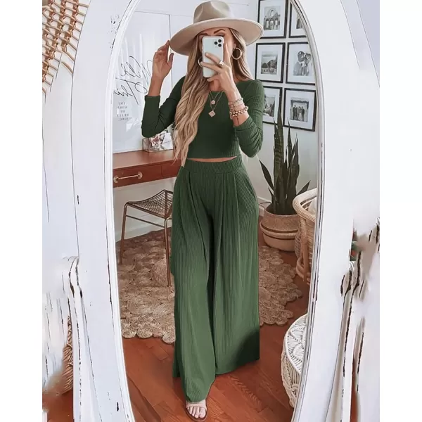 imageBTFBM Womens Two Piece Lounge Set Long Sleeve Bodycon Ribbed Knit Crop Top Loose Wide Leg Pant Casual Outfits SweatsuitSolid Army Green
