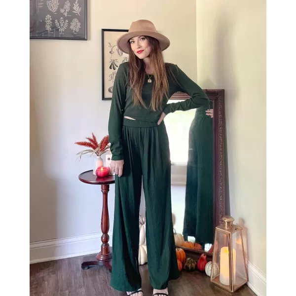 imageBTFBM Womens Two Piece Lounge Set Long Sleeve Bodycon Ribbed Knit Crop Top Loose Wide Leg Pant Casual Outfits SweatsuitSolid Army Green