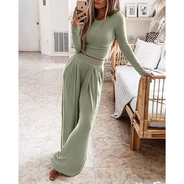 imageBTFBM Womens Two Piece Lounge Set Long Sleeve Bodycon Ribbed Knit Crop Top Loose Wide Leg Pant Casual Outfits SweatsuitSolid Bean Green