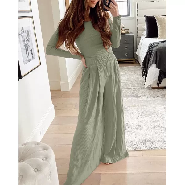 imageBTFBM Womens Two Piece Lounge Set Long Sleeve Bodycon Ribbed Knit Crop Top Loose Wide Leg Pant Casual Outfits SweatsuitSolid Bean Green