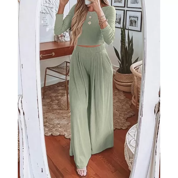 imageBTFBM Womens Two Piece Lounge Set Long Sleeve Bodycon Ribbed Knit Crop Top Loose Wide Leg Pant Casual Outfits SweatsuitSolid Bean Green