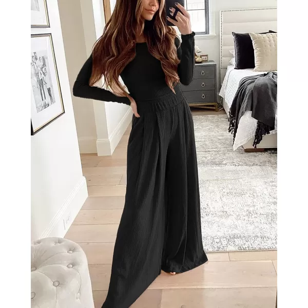 imageBTFBM Womens Two Piece Lounge Set Long Sleeve Bodycon Ribbed Knit Crop Top Loose Wide Leg Pant Casual Outfits SweatsuitSolid Black