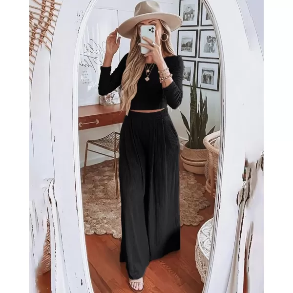 imageBTFBM Womens Two Piece Lounge Set Long Sleeve Bodycon Ribbed Knit Crop Top Loose Wide Leg Pant Casual Outfits SweatsuitSolid Black