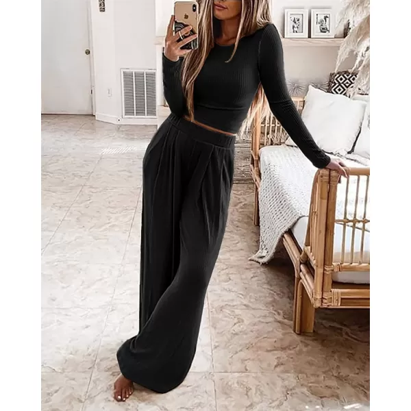 imageBTFBM Womens Two Piece Lounge Set Long Sleeve Bodycon Ribbed Knit Crop Top Loose Wide Leg Pant Casual Outfits SweatsuitSolid Black