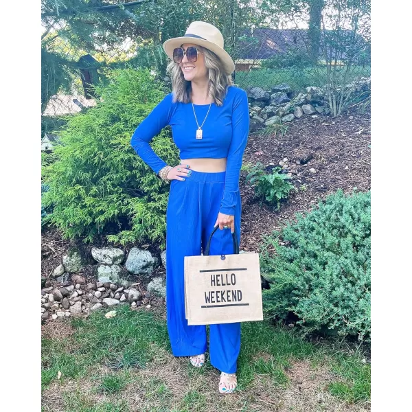 imageBTFBM Womens Two Piece Lounge Set Long Sleeve Bodycon Ribbed Knit Crop Top Loose Wide Leg Pant Casual Outfits SweatsuitSolid Blue