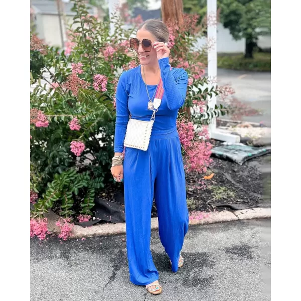 imageBTFBM Womens Two Piece Lounge Set Long Sleeve Bodycon Ribbed Knit Crop Top Loose Wide Leg Pant Casual Outfits SweatsuitSolid Blue