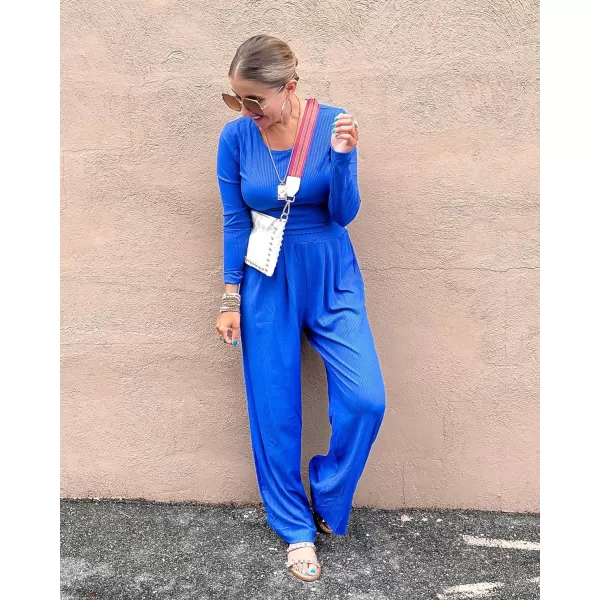 imageBTFBM Womens Two Piece Lounge Set Long Sleeve Bodycon Ribbed Knit Crop Top Loose Wide Leg Pant Casual Outfits SweatsuitSolid Blue
