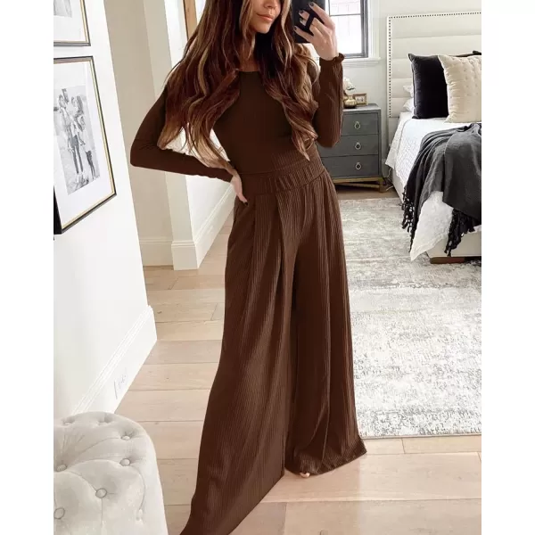 imageBTFBM Womens Two Piece Lounge Set Long Sleeve Bodycon Ribbed Knit Crop Top Loose Wide Leg Pant Casual Outfits SweatsuitSolid Brown