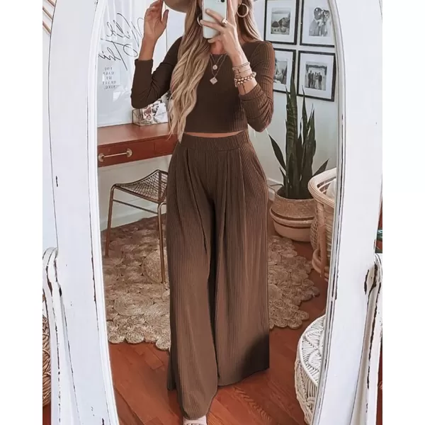 imageBTFBM Womens Two Piece Lounge Set Long Sleeve Bodycon Ribbed Knit Crop Top Loose Wide Leg Pant Casual Outfits SweatsuitSolid Brown
