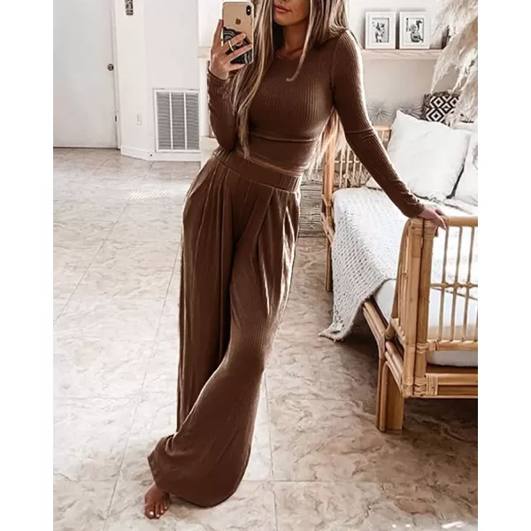 imageBTFBM Womens Two Piece Lounge Set Long Sleeve Bodycon Ribbed Knit Crop Top Loose Wide Leg Pant Casual Outfits SweatsuitSolid Brown
