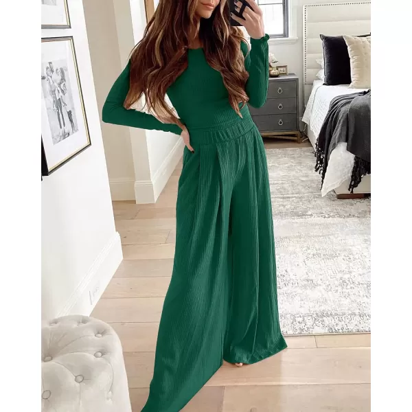 imageBTFBM Womens Two Piece Lounge Set Long Sleeve Bodycon Ribbed Knit Crop Top Loose Wide Leg Pant Casual Outfits SweatsuitSolid Dark Green