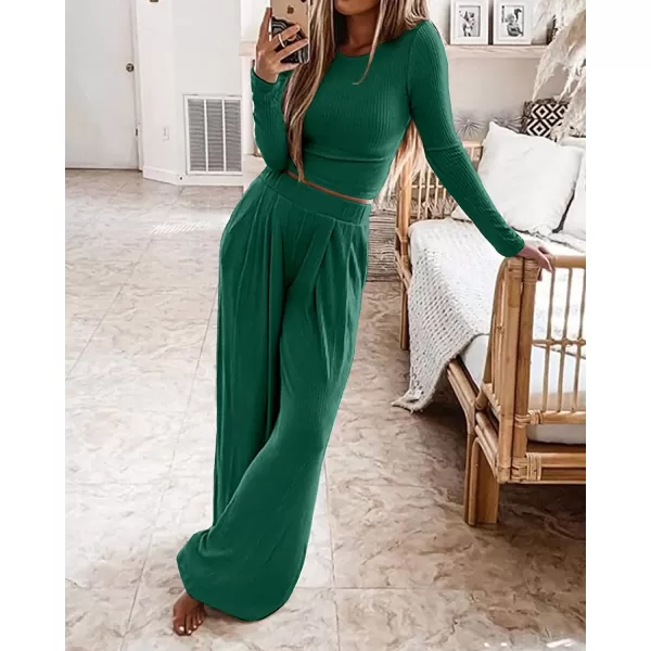 imageBTFBM Womens Two Piece Lounge Set Long Sleeve Bodycon Ribbed Knit Crop Top Loose Wide Leg Pant Casual Outfits SweatsuitSolid Dark Green