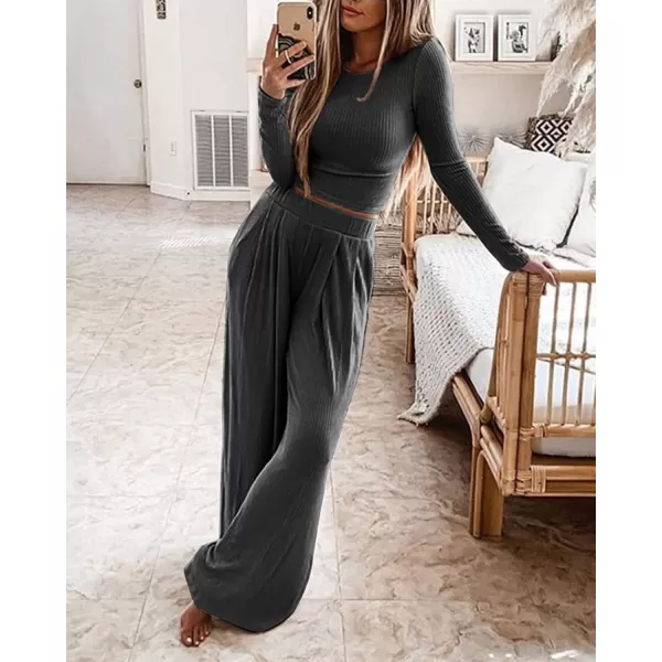 imageBTFBM Womens Two Piece Lounge Set Long Sleeve Bodycon Ribbed Knit Crop Top Loose Wide Leg Pant Casual Outfits SweatsuitSolid Dark Grey