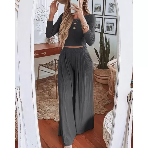 imageBTFBM Womens Two Piece Lounge Set Long Sleeve Bodycon Ribbed Knit Crop Top Loose Wide Leg Pant Casual Outfits SweatsuitSolid Dark Grey