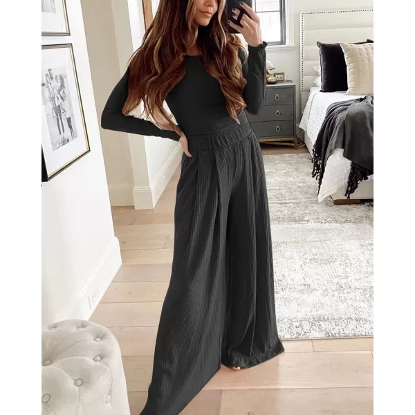 imageBTFBM Womens Two Piece Lounge Set Long Sleeve Bodycon Ribbed Knit Crop Top Loose Wide Leg Pant Casual Outfits SweatsuitSolid Dark Grey