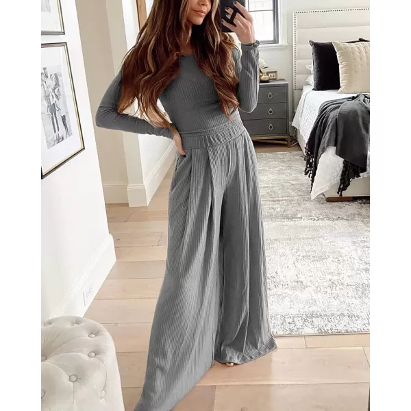 imageBTFBM Womens Two Piece Lounge Set Long Sleeve Bodycon Ribbed Knit Crop Top Loose Wide Leg Pant Casual Outfits SweatsuitSolid Grey