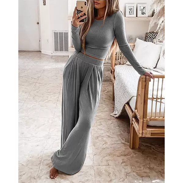 imageBTFBM Womens Two Piece Lounge Set Long Sleeve Bodycon Ribbed Knit Crop Top Loose Wide Leg Pant Casual Outfits SweatsuitSolid Grey