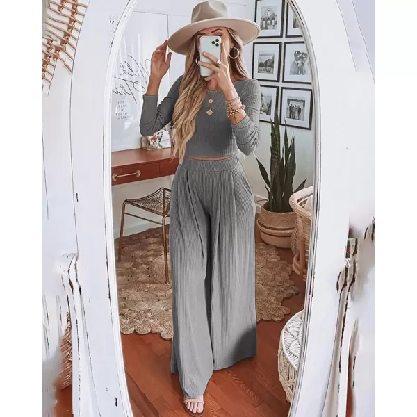 imageBTFBM Womens Two Piece Lounge Set Long Sleeve Bodycon Ribbed Knit Crop Top Loose Wide Leg Pant Casual Outfits SweatsuitSolid Grey