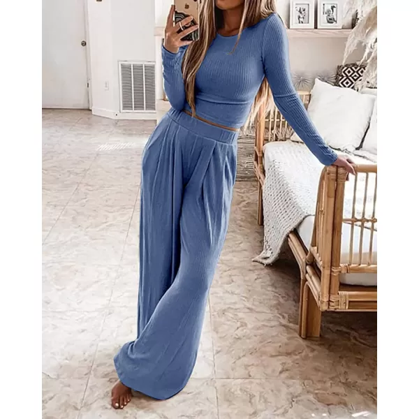 imageBTFBM Womens Two Piece Lounge Set Long Sleeve Bodycon Ribbed Knit Crop Top Loose Wide Leg Pant Casual Outfits SweatsuitSolid Grey Blue