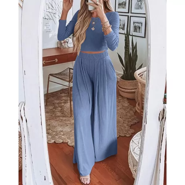imageBTFBM Womens Two Piece Lounge Set Long Sleeve Bodycon Ribbed Knit Crop Top Loose Wide Leg Pant Casual Outfits SweatsuitSolid Grey Blue
