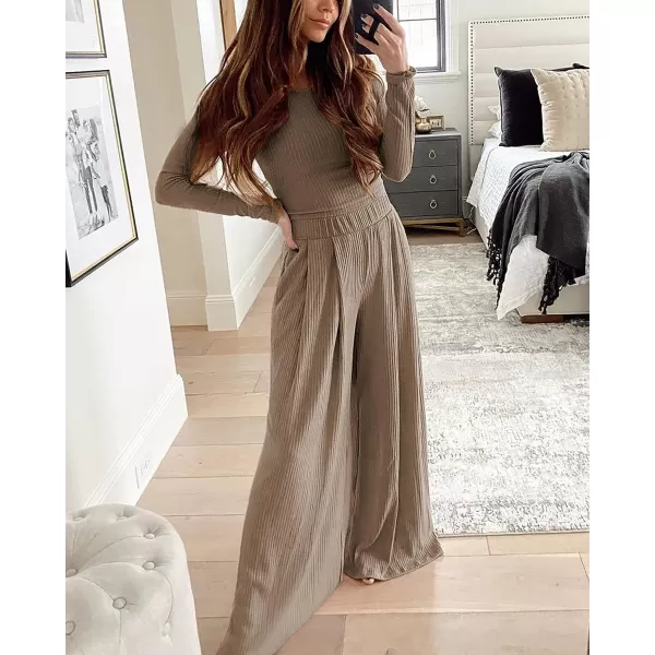 imageBTFBM Womens Two Piece Lounge Set Long Sleeve Bodycon Ribbed Knit Crop Top Loose Wide Leg Pant Casual Outfits SweatsuitSolid Khaki
