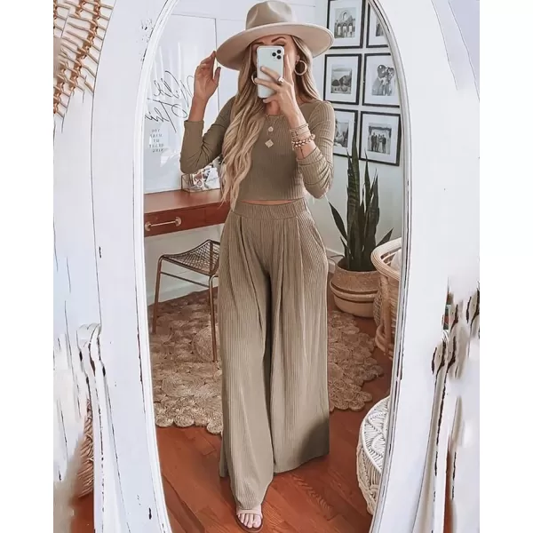 imageBTFBM Womens Two Piece Lounge Set Long Sleeve Bodycon Ribbed Knit Crop Top Loose Wide Leg Pant Casual Outfits SweatsuitSolid Khaki