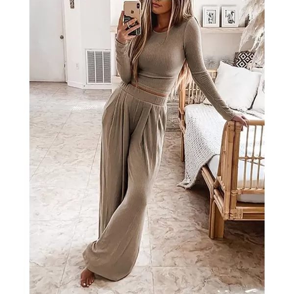 imageBTFBM Womens Two Piece Lounge Set Long Sleeve Bodycon Ribbed Knit Crop Top Loose Wide Leg Pant Casual Outfits SweatsuitSolid Khaki