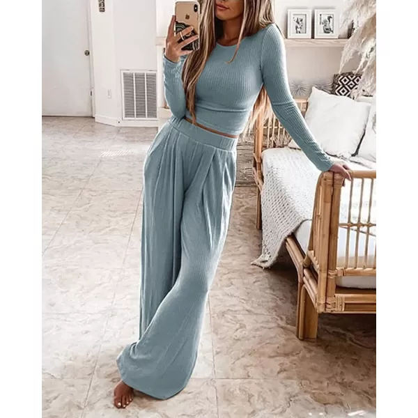 imageBTFBM Womens Two Piece Lounge Set Long Sleeve Bodycon Ribbed Knit Crop Top Loose Wide Leg Pant Casual Outfits SweatsuitSolid Light Blue