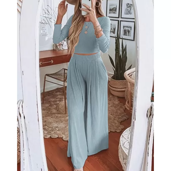 imageBTFBM Womens Two Piece Lounge Set Long Sleeve Bodycon Ribbed Knit Crop Top Loose Wide Leg Pant Casual Outfits SweatsuitSolid Light Blue