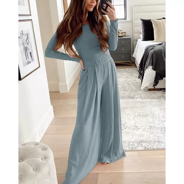 imageBTFBM Womens Two Piece Lounge Set Long Sleeve Bodycon Ribbed Knit Crop Top Loose Wide Leg Pant Casual Outfits SweatsuitSolid Light Blue