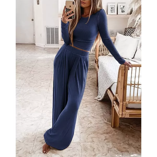 imageBTFBM Womens Two Piece Lounge Set Long Sleeve Bodycon Ribbed Knit Crop Top Loose Wide Leg Pant Casual Outfits SweatsuitSolid Navy