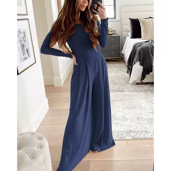 imageBTFBM Womens Two Piece Lounge Set Long Sleeve Bodycon Ribbed Knit Crop Top Loose Wide Leg Pant Casual Outfits SweatsuitSolid Navy