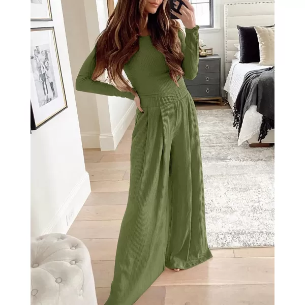 imageBTFBM Womens Two Piece Lounge Set Long Sleeve Bodycon Ribbed Knit Crop Top Loose Wide Leg Pant Casual Outfits SweatsuitSolid Olive Green