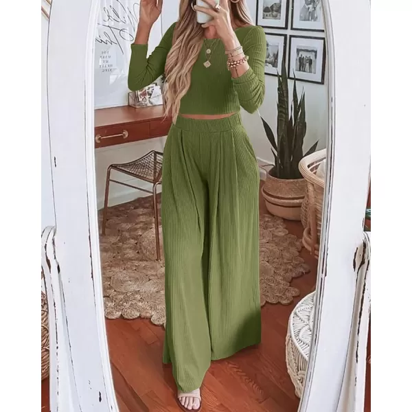 imageBTFBM Womens Two Piece Lounge Set Long Sleeve Bodycon Ribbed Knit Crop Top Loose Wide Leg Pant Casual Outfits SweatsuitSolid Olive Green