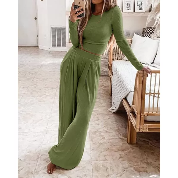 imageBTFBM Womens Two Piece Lounge Set Long Sleeve Bodycon Ribbed Knit Crop Top Loose Wide Leg Pant Casual Outfits SweatsuitSolid Olive Green