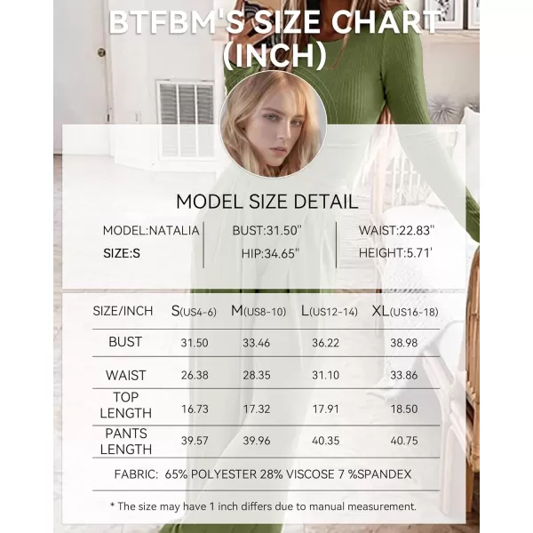 imageBTFBM Womens Two Piece Lounge Set Long Sleeve Bodycon Ribbed Knit Crop Top Loose Wide Leg Pant Casual Outfits SweatsuitSolid Olive Green
