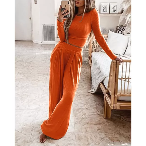 imageBTFBM Womens Two Piece Lounge Set Long Sleeve Bodycon Ribbed Knit Crop Top Loose Wide Leg Pant Casual Outfits SweatsuitSolid Orange