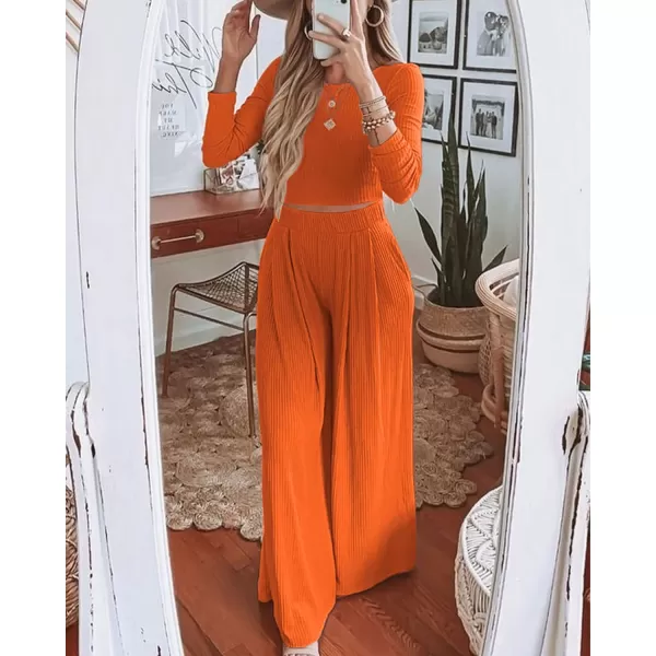 imageBTFBM Womens Two Piece Lounge Set Long Sleeve Bodycon Ribbed Knit Crop Top Loose Wide Leg Pant Casual Outfits SweatsuitSolid Orange