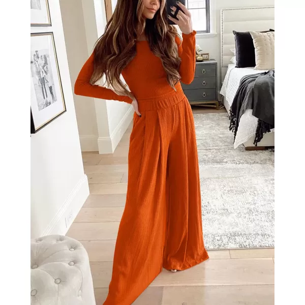 imageBTFBM Womens Two Piece Lounge Set Long Sleeve Bodycon Ribbed Knit Crop Top Loose Wide Leg Pant Casual Outfits SweatsuitSolid Orange