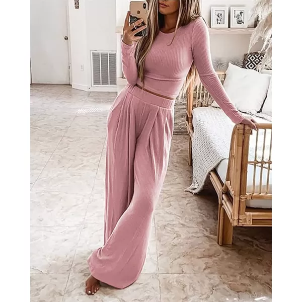 imageBTFBM Womens Two Piece Lounge Set Long Sleeve Bodycon Ribbed Knit Crop Top Loose Wide Leg Pant Casual Outfits SweatsuitSolid Pink