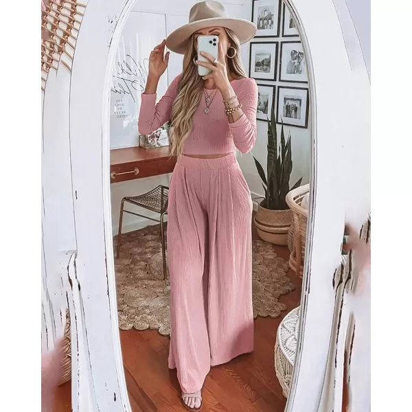 imageBTFBM Womens Two Piece Lounge Set Long Sleeve Bodycon Ribbed Knit Crop Top Loose Wide Leg Pant Casual Outfits SweatsuitSolid Pink